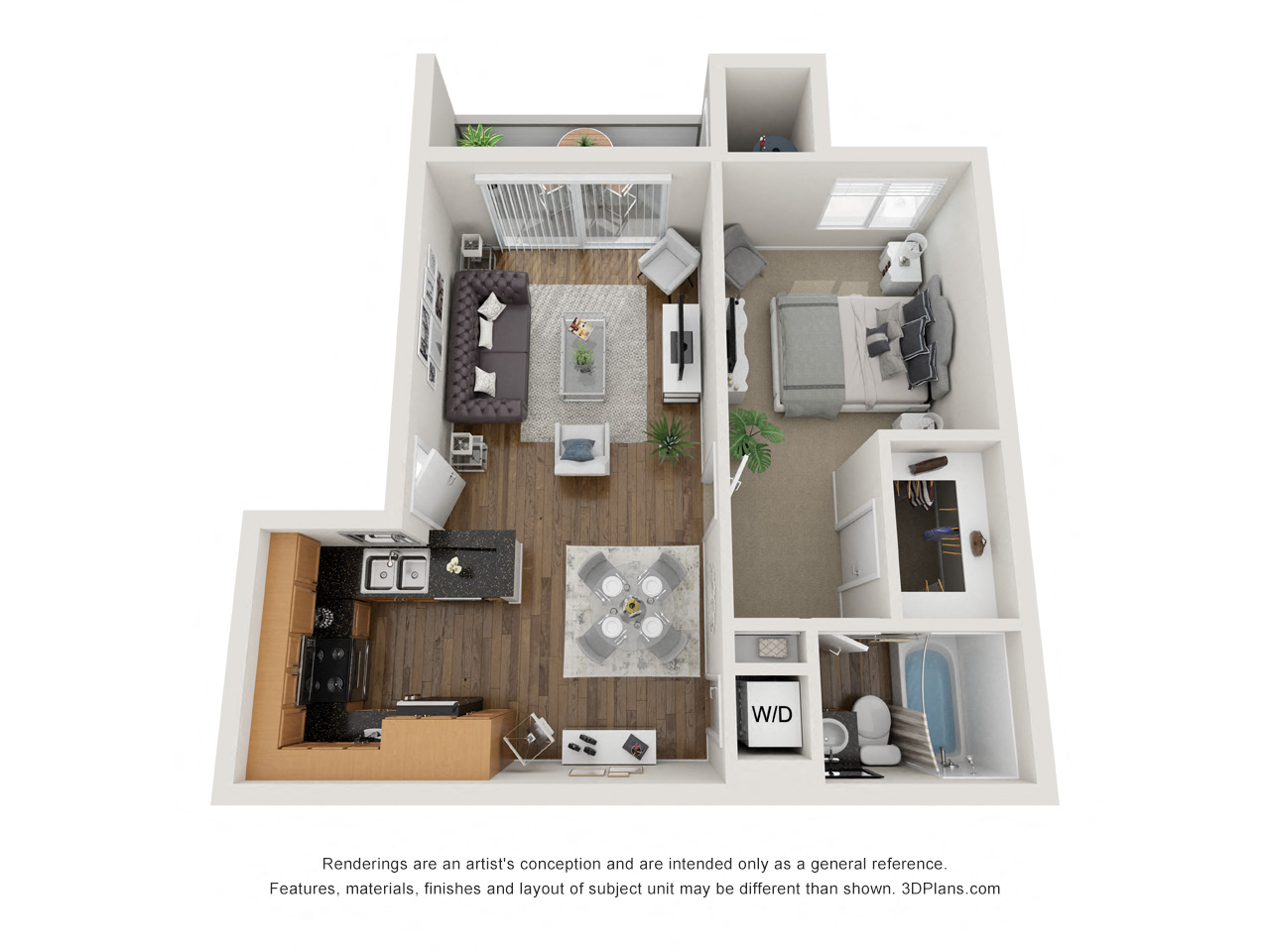 Floor plan for 1 bed, 1 bath, 613 sqft